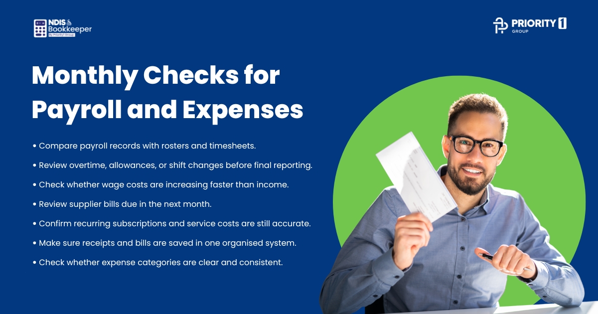 Monthly Finance Checks Every NDIS Provider Should Review 2 Monthly Checks for Payroll and Expenses